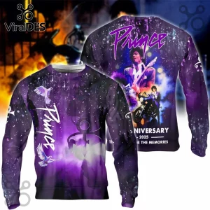Prince 67th Anniversary Purple Pullover Hoodie featuring graphics of Prince, doves, and cosmic motifs on a dark background.