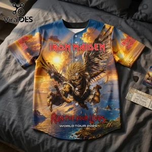 Iron Maiden 2026 Run For Your Lives World Tour baseball jersey featuring Eddie with wings against a sunset ocean scene.