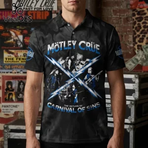 Motley Crue Carnival Of Sins 2026 Tour polo shirt with band members, blue lightning graphics, and black textured fabric.