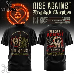Black t-shirt front and back showing Rise Against and Dropkick Murphys 2026 Australia and New Zealand tour graphics.!