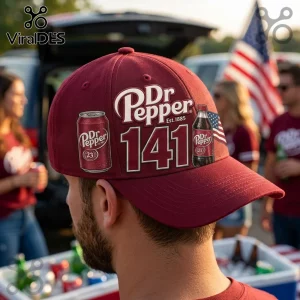 Dr Pepper 141st Anniversary Burgundy Baseball Cap featuring a 1885 logo, soda can, bottle, and American flag print.