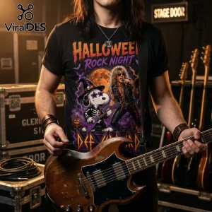 Snoopy x Def Leppard Midnight Howl Halloween T-Shirt features a rockstar Snoopy and a lead singer against a full moon.