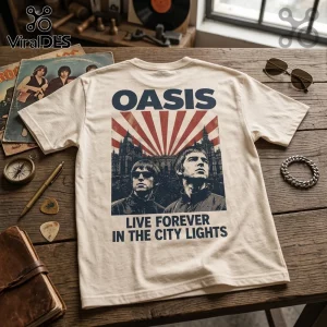 Cream cotton t-shirt with Oasis band graphic, Liam and Noel Gallagher portrait, red sunburst, and Live Forever text.!