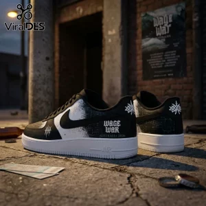 Wage War Australia 2026 Black and White Air Force 1 Sneakers featuring splatter patterns and band branding on brick ground.