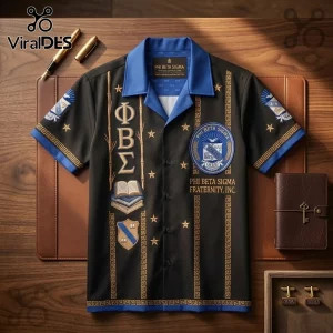 Phi Beta Sigma short-sleeve button-down shirt in black with royal blue collar, gold Greek letters, and fraternity crest.!