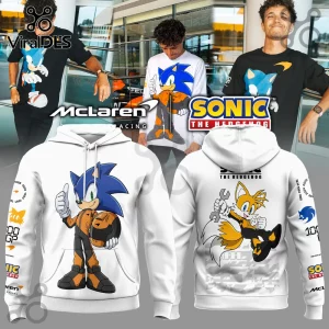 White hoodie with Sonic the Hedgehog and Tails in McLaren racing suits featuring graphic logos on sleeves and front.!