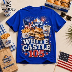 White Castle 105th Anniversary Royal Blue T-Shirt featuring graphic prints of sliders, fries, and American flags.