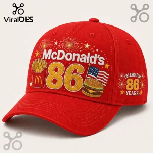 McDonalds 86 Years Celebration red baseball cap featuring embroidered fries, a burger, US flag, and fireworks graphics.