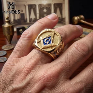 Gold Freemason Square and Compass Master Mason ring featuring a blue G emblem and engraved Free and Accepted Masons text.