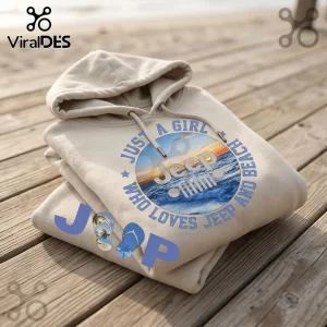 Beige cotton hoodie featuring a circular Jeep ocean graphic with text Just A Girl Who Loves Jeep And Beach on wood planks.!