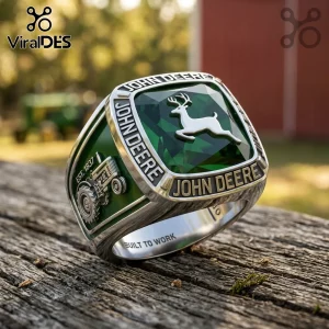 John Deere championship-style ring with silver tractor emblem, green stone inlay, and engraved Built To Work interior text.!