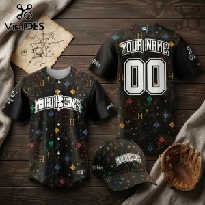 Toledo Mud Hens x Harry Potter black baseball jersey set with custom name and number, featuring magical house symbols.