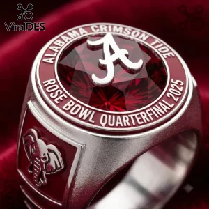 Alabama Crimson Tide Rose Bowl 2025 Commemorative Ring featuring a central red stone, silver script A, and elephant emblem.
