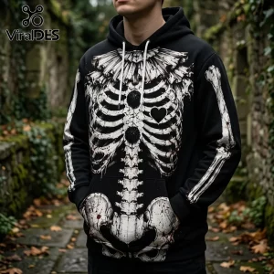 Art The Clown Horror Skeleton Black Hoodie featuring a white skeletal rib cage, ruffled collar, and bone-print sleeves.