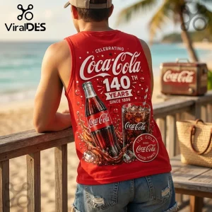 Coca Cola 140th Anniversary V-Neck Tank Top featuring a red shirt with vintage soda bottle graphics and logo.