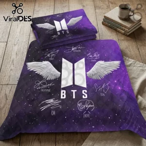BTS Purple Galaxy Wings 3-Piece Bedding Set featuring a white logo, feathered wings, and member signatures on purple fabric.