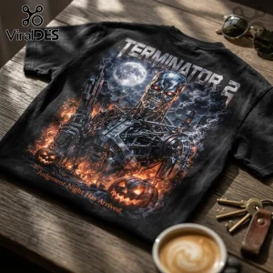 Terminator 2 No Fate Halloween Black Crewneck T-Shirt featuring a robotic skeleton in fire, pumpkins, and full moon graphic.