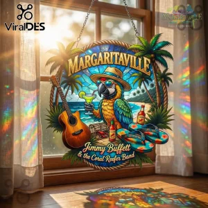 Jimmy Buffett Margaritaville stained glass suncatcher featuring a tropical parrot, guitar, and beach theme on window.