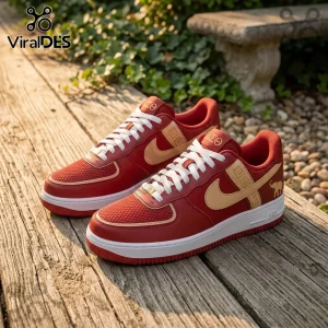 Red and cream leather sneakers featuring Delta Sigma Theta Greek letters, a Greek key pattern, and an elephant emblem.!