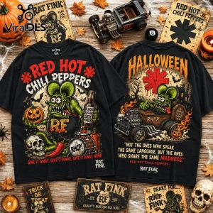 Red Hot Chili Peppers x Rat Fink Halloween Mascot T-Shirt featuring dual prints with a green rat character and hot rod.