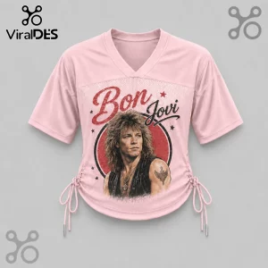 Bon Jovi Livin On A Prayer Pink Lace-Up Jersey with vintage graphic of Jon Bon Jovi and red circle accent on front.