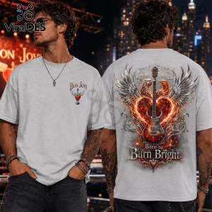 Grey cotton t-shirt featuring Bon Jovi logo on chest and flaming phoenix guitar art on back with Born to Burn Bright text.!