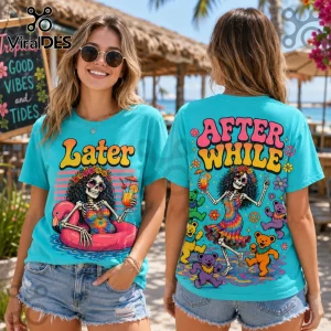 Turquoise t-shirt featuring a skeleton in a tie-dye dress with tropical cocktails and dancing bears in retro font style.!