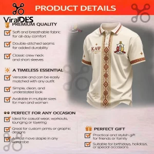 Off-white Kappa Alpha Psi polo shirt with red and gold vertical patterned trim, embroidered fraternity crest, and text.!