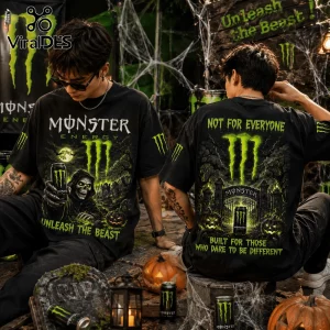 Monster Energy Halloween Unleash The Beast T-Shirt featuring a black cotton graphic print with skull and energy branding.