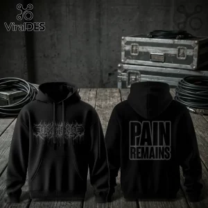 Black hoodie displaying Lorna Shore band logo on front and Pain Remains text on back against a rustic wooden background.!