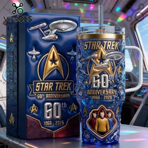 Star Trek 60th anniversary metal tumbler and box with USS Enterprise, Starfleet insignia, and character portraits in blue.!