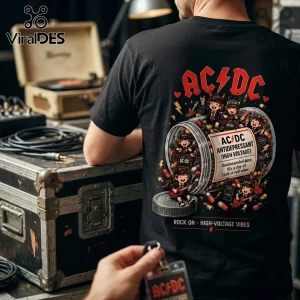 AC/DC Antidepressant Rock Band T-Shirt 2026 featuring cartoon band members in a pill bottle graphic on a black shirt.