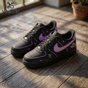 IVE Show What I Am Black Purple Custom Air Force 1 Shoes featuring star motifs and tour branding on a wooden floor.