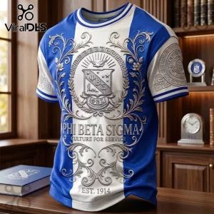 Phi Beta Sigma royal blue and white t-shirt featuring silver embossed Greek crest, filigree details, and 1914 text.!
