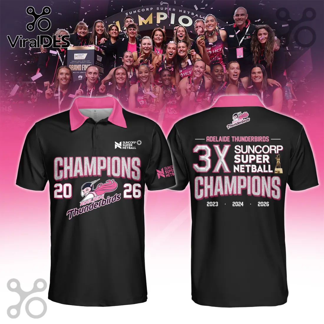 Adelaide Thunderbirds 2026 Champions Black Polo Shirt Adelaide Thunderbirds 2026 Champions Black Polo Shirt