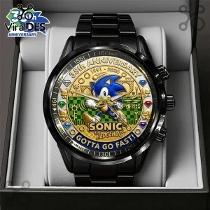 Sonic the Hedgehog 35th anniversary black metal wrist watch featuring gold accents and character graphics in a gift box.!