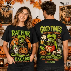Rat Fink Bacardi Halloween Vintage Mascot T-Shirt featuring a green cartoon rat, Bacardi bottle, and jack-o'-lantern.