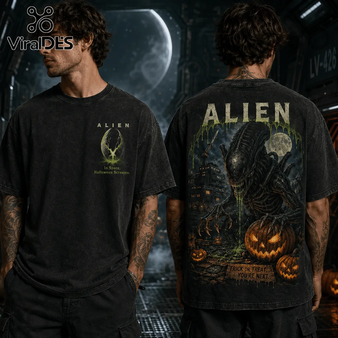 Alien Halloween Horror Pumpkin Acid Wash T-Shirt Alien Halloween Horror Pumpkin Acid Wash T-Shirt