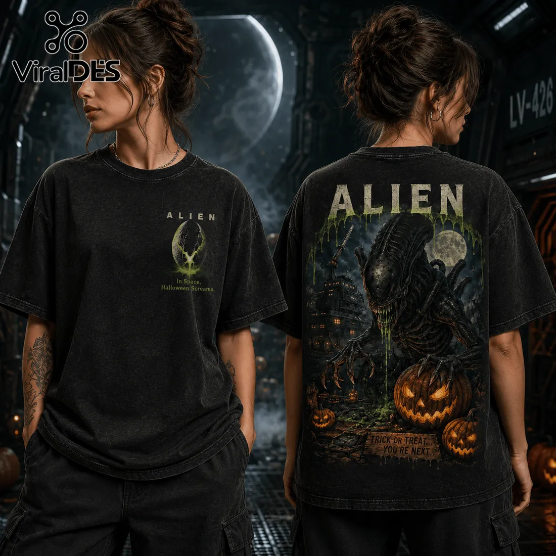 Alien Halloween Horror Pumpkin Acid Wash T-Shirt Alien Halloween Horror Pumpkin Acid Wash T-Shirt