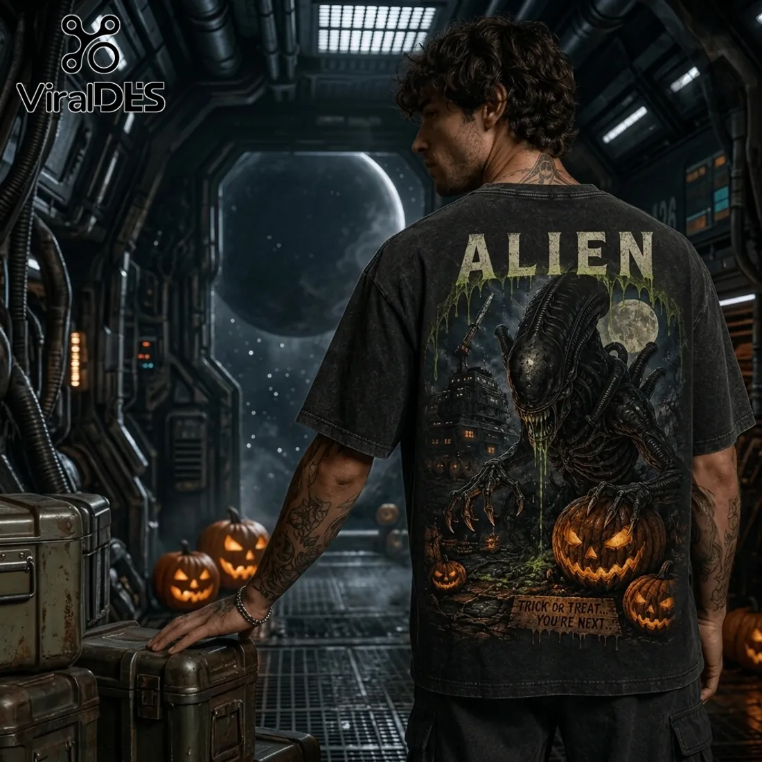 Alien Halloween Horror Pumpkin Acid Wash T-Shirt Alien Halloween Horror Pumpkin Acid Wash T-Shirt