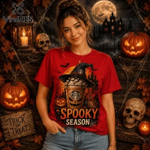 Starbucks Witch Hat Pumpkin Halloween Red T-Shirt featuring a coffee cup with a jack-o-lantern face and witch hat design.