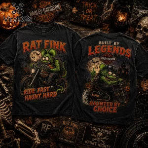 Rat Fink Biker Halloween Harley-Davidson T-Shirt featuring a green rodent character riding a motorcycle on black cotton.
