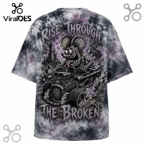 Black and grey tie-dye t-shirt featuring a cartoon rat driving a hot rod with Rise Through The Broken text graphic.!