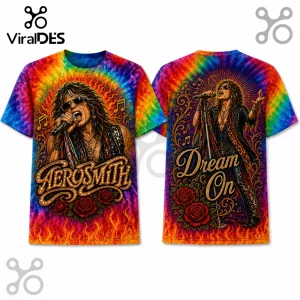 Aerosmith tie-dye t-shirt with Steven Tyler singing, red roses, fire accents, and gold script lettering.!