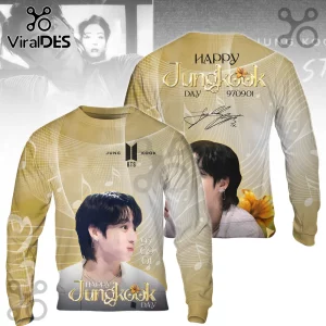 BTS Jungkook Gold Portrait Pullover Hoodie featuring music notes, birth date 970901, and artist signature on gold fabric.