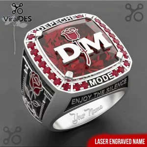 Depeche Mode tribute silver ring featuring a red glass face, DM lettering, rose emblem, and Enjoy the Silence engraving.!