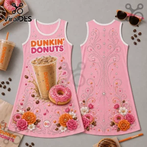 Pink Dunkin Donuts sleeveless dress featuring iced coffee graphic, frosted donuts, floral patterns, and rhinestone accents.!