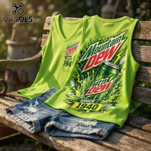 Mountain Dew Neon V-Neck Tank Top in bright lime green featuring a vintage soda can graphic and 1940 branding on a bench.