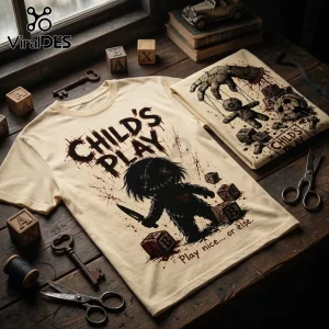 Cream cotton t-shirt with horror-themed Child's Play graphic, voodoo doll illustration, and red blood splatter accents.!