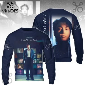 Jungkook I Am Still navy blue hoodie featuring a collage of photographic portraits and film-style stills of the artist.